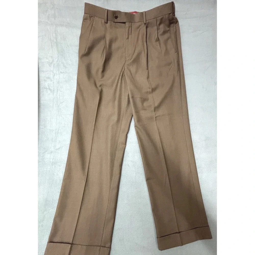 Dockers Men Brown Pleated Trousers Classic Fit Cuffed Hem W36 L32 32896-0001